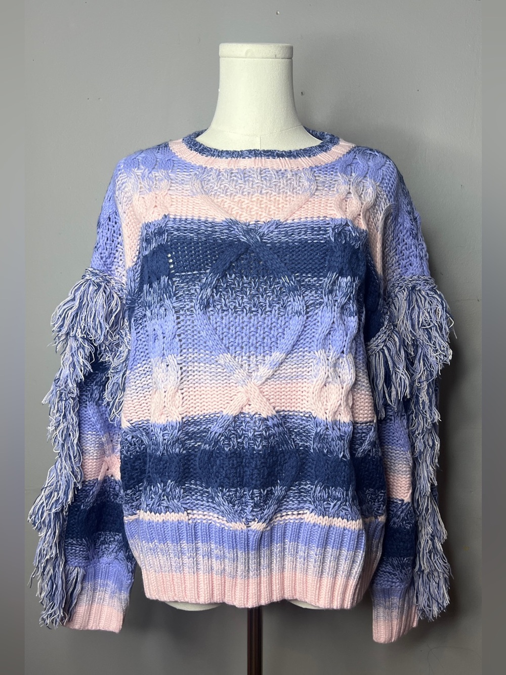 THML Pink & Blue Striped Cable-Knit Fringe Sweater Size Small